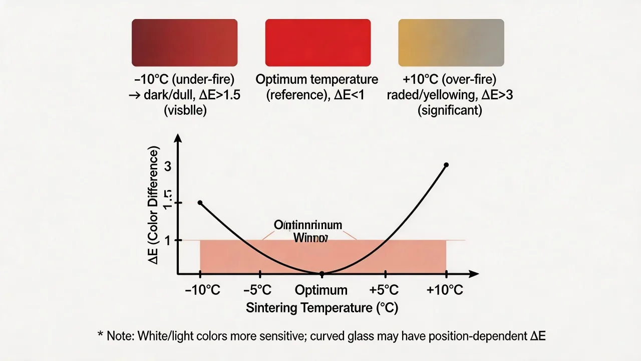 Firing-temperature variation can change color, gloss, opacity and adhesion; values shown are illustrative.