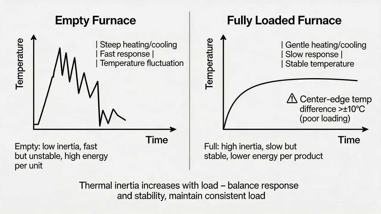 Furnace loading changes thermal response; qualify representative minimum and maximum load patterns.