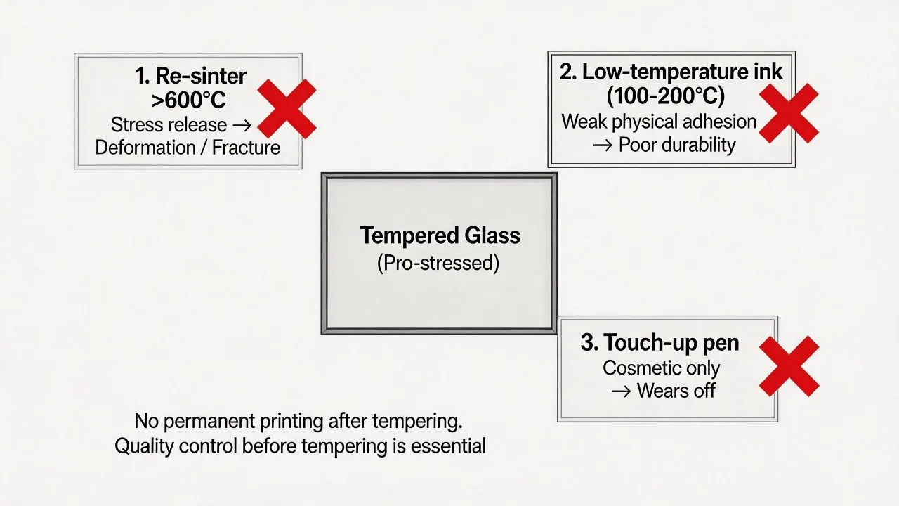 Post-temper decoration uses a lower-temperature route and needs separate durability validation.