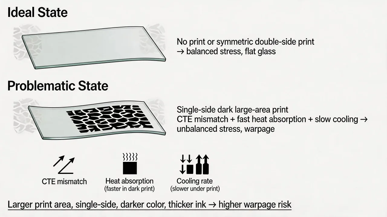 Printed coverage can affect heat absorption, but furnace, support, glass and quench also require review.