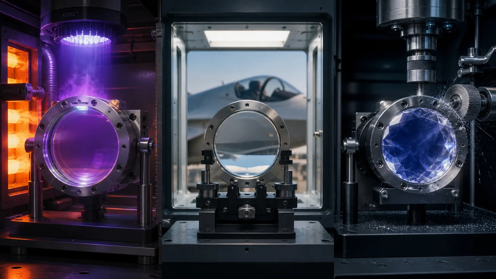 Fused-silica window, soda-lime cover and sapphire alternative shown in different heat, ultraviolet and abrasion test contexts