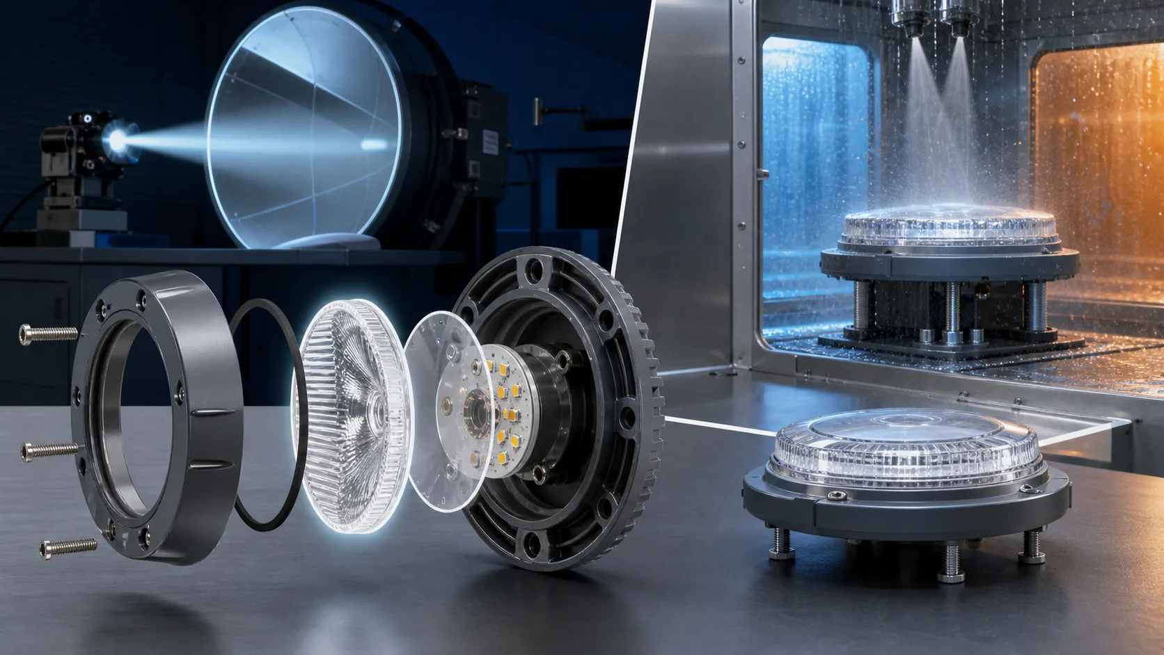 Exploded airfield light assembly beside photometric and environmental testing of the complete fixture