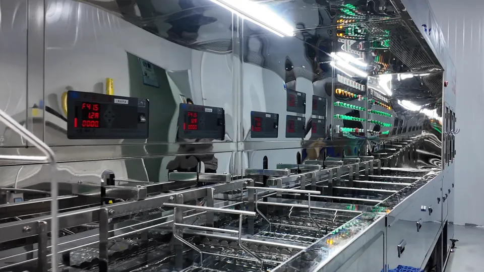 Automated glass cleaning and rinsing line used before downstream processing