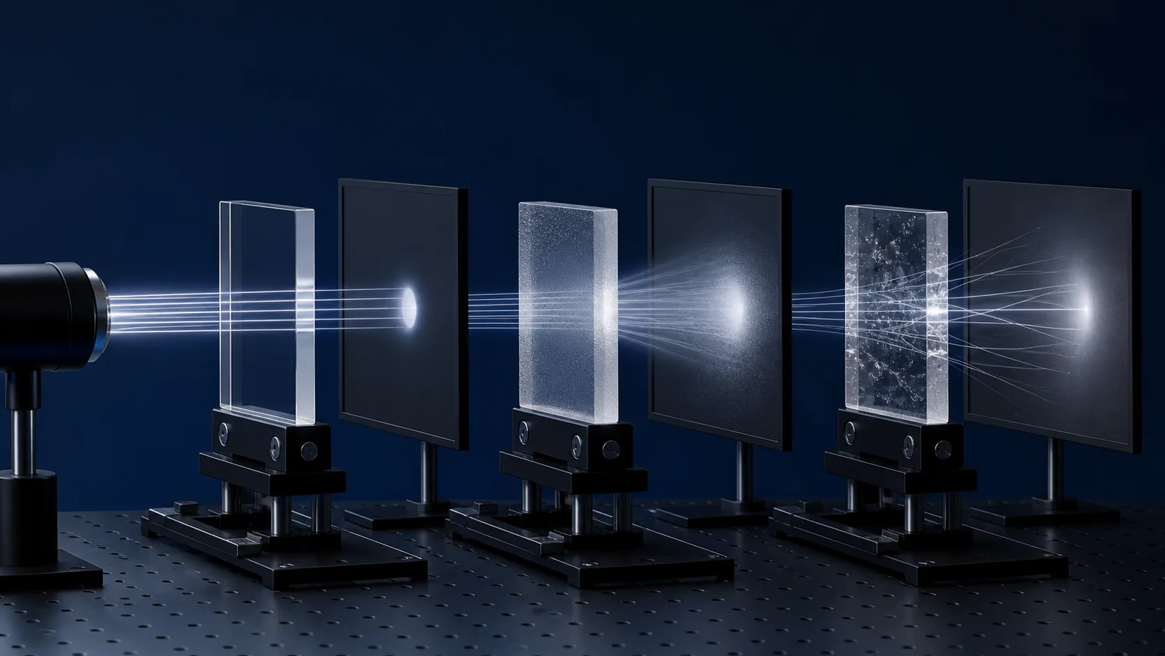 Three glass samples under a collimated beam comparing polished transmission, surface diffusion and internal inhomogeneity