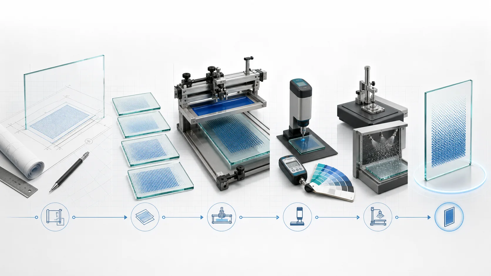 Validation sequence from drawing and sample trials through measurement, durability checks and a controlled production reference.