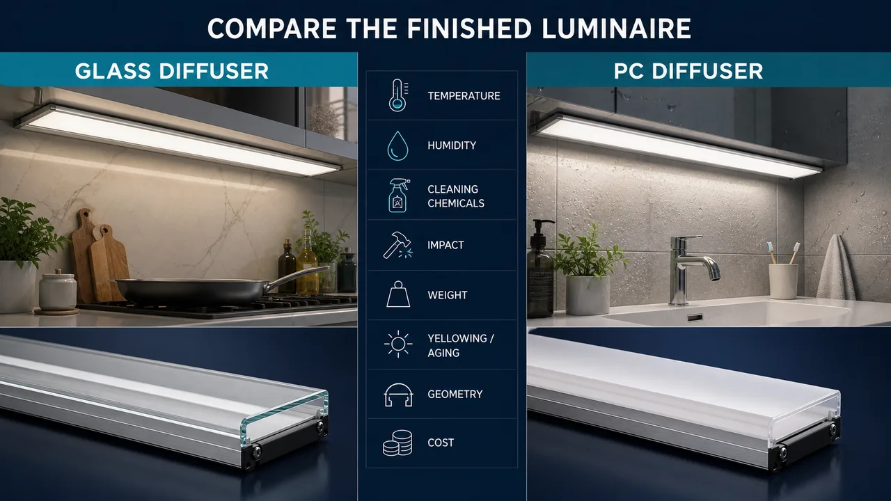 Neutral comparison of glass and polycarbonate diffusers for kitchen and bathroom lighting