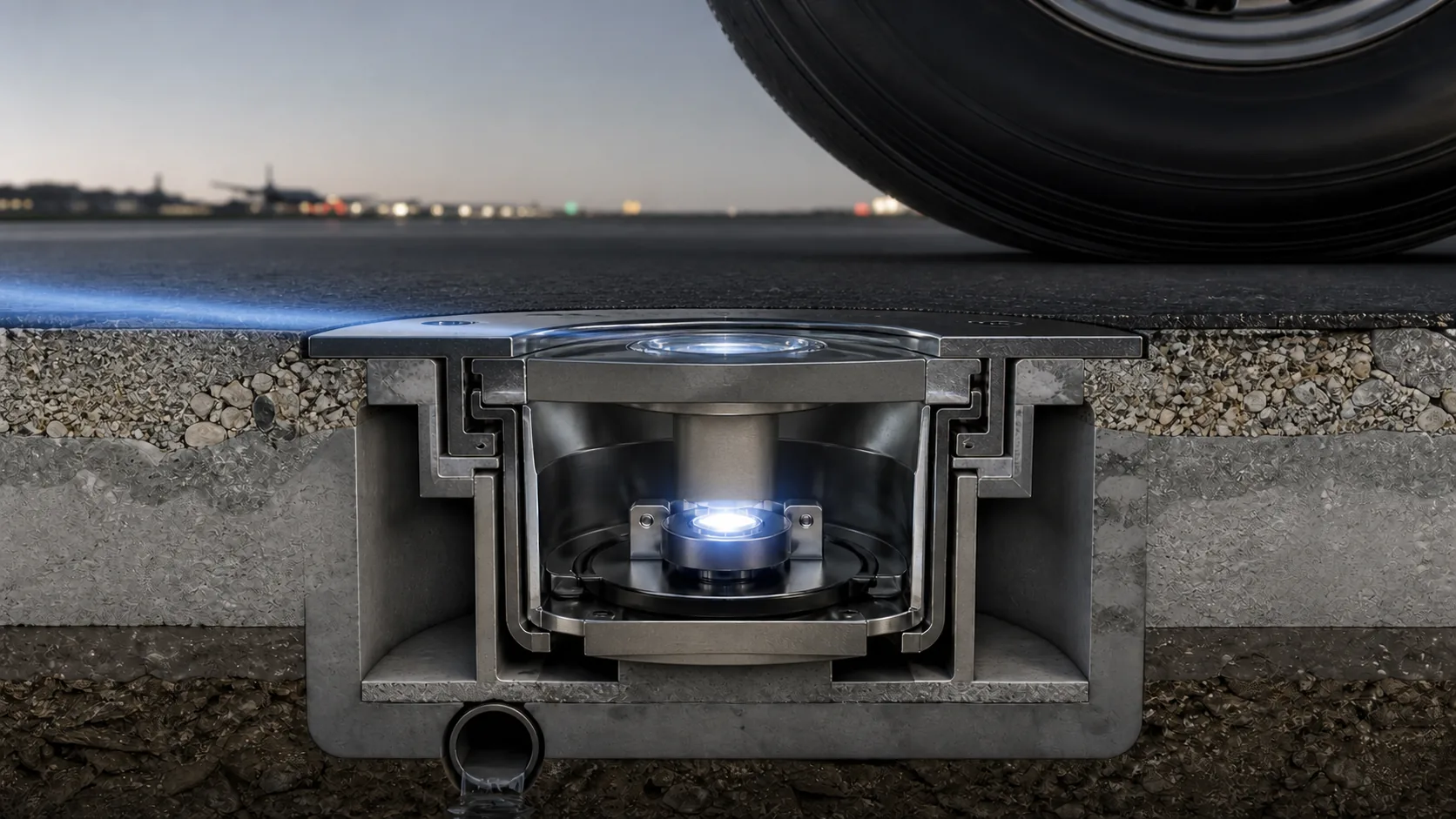 Cutaway of a flush in-pavement airfield light with glass optic, housing, seal, shallow beam and aircraft tire clearance