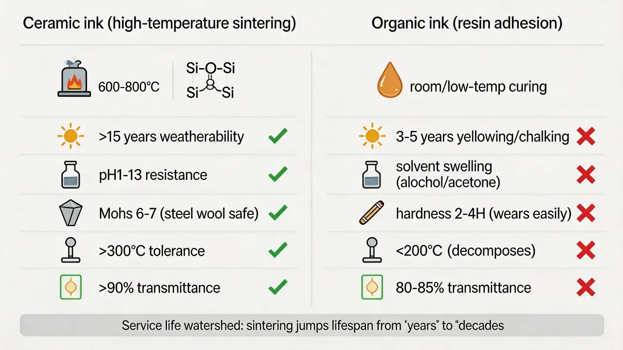 Ceramic enamel and organic ink should be compared by cure route and end-use exposure.
