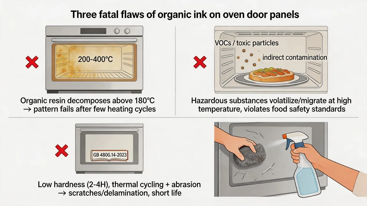 Oven-door decoration route: ceramic enamel is commonly printed before the glass heat-treatment cycle.