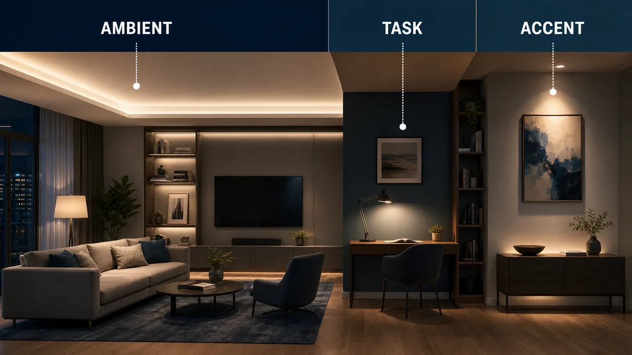 Layered indoor lighting with controlled luminance and contrast
