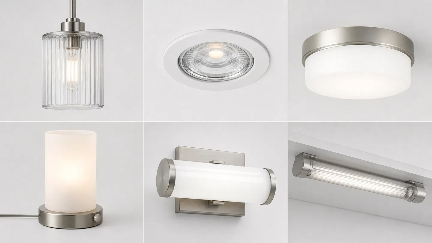 Collage of pendant, downlight, ceiling light, table lamp, bathroom light and kitchen light