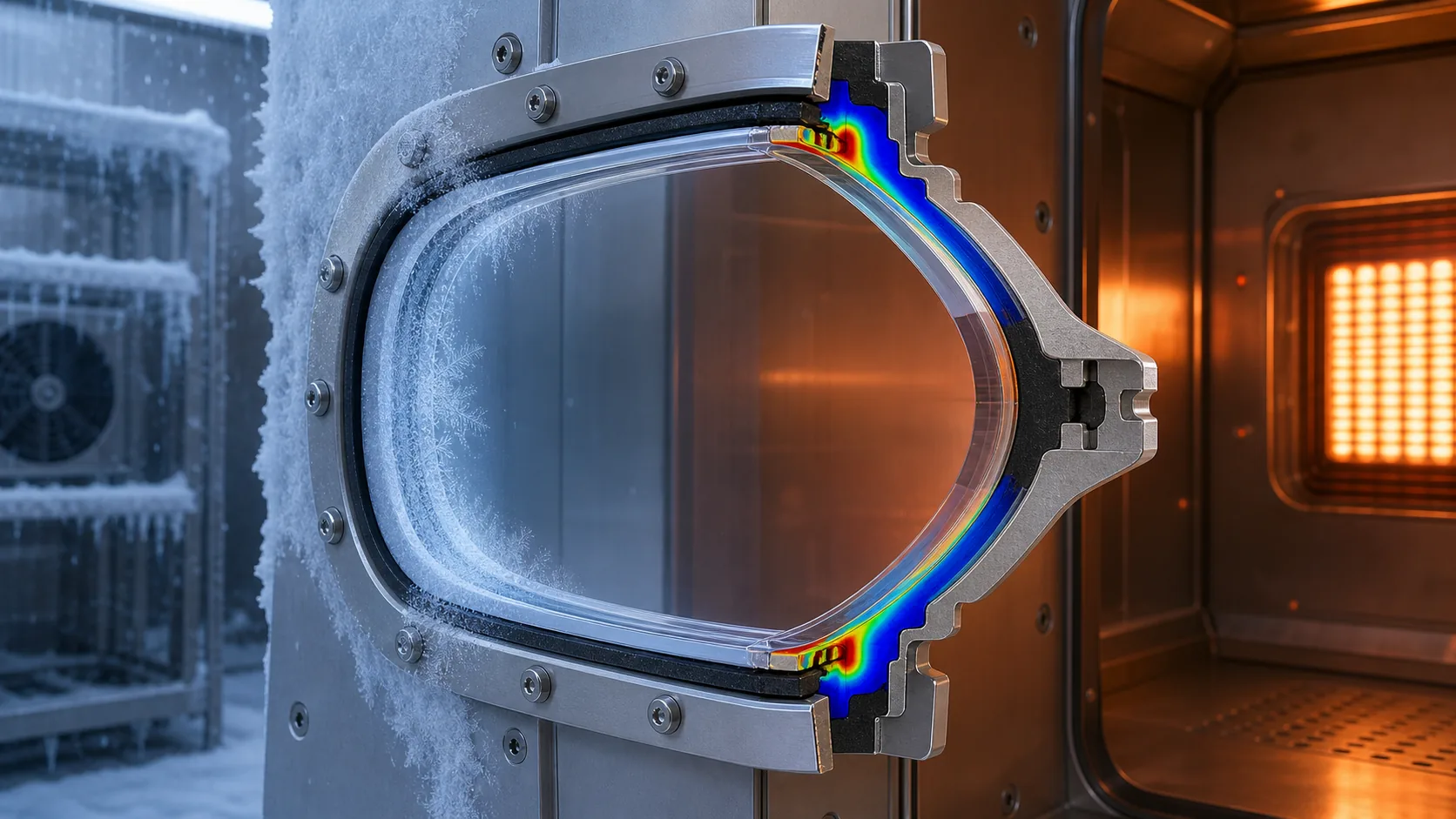 Aviation glass in its housing and gasket under controlled cold and heat exposure with edge-contact stress visualization