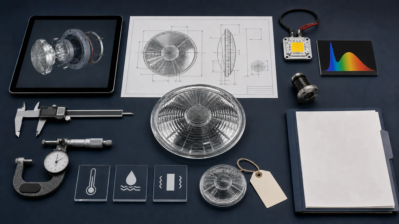 Engineering project input package with optical sample, drawing, assembly model, LED spectrum, inspection tools and environmental requirements