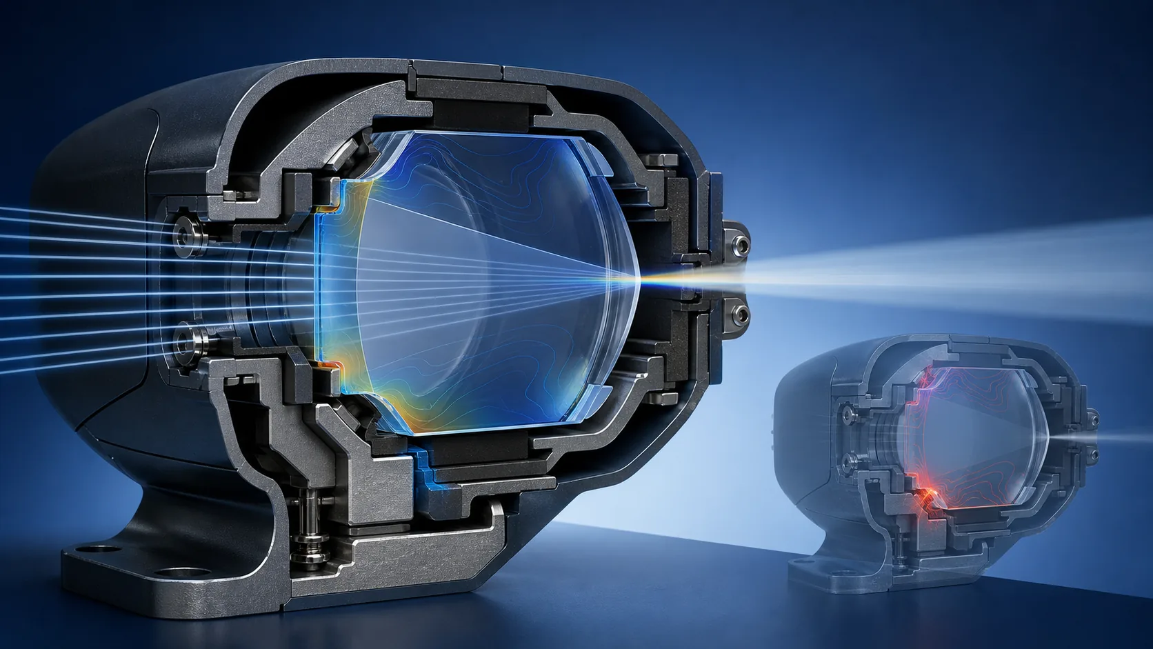 Cutaway aviation optic, gasket, retainer and housing with ray path, thermal distribution and mounting stress