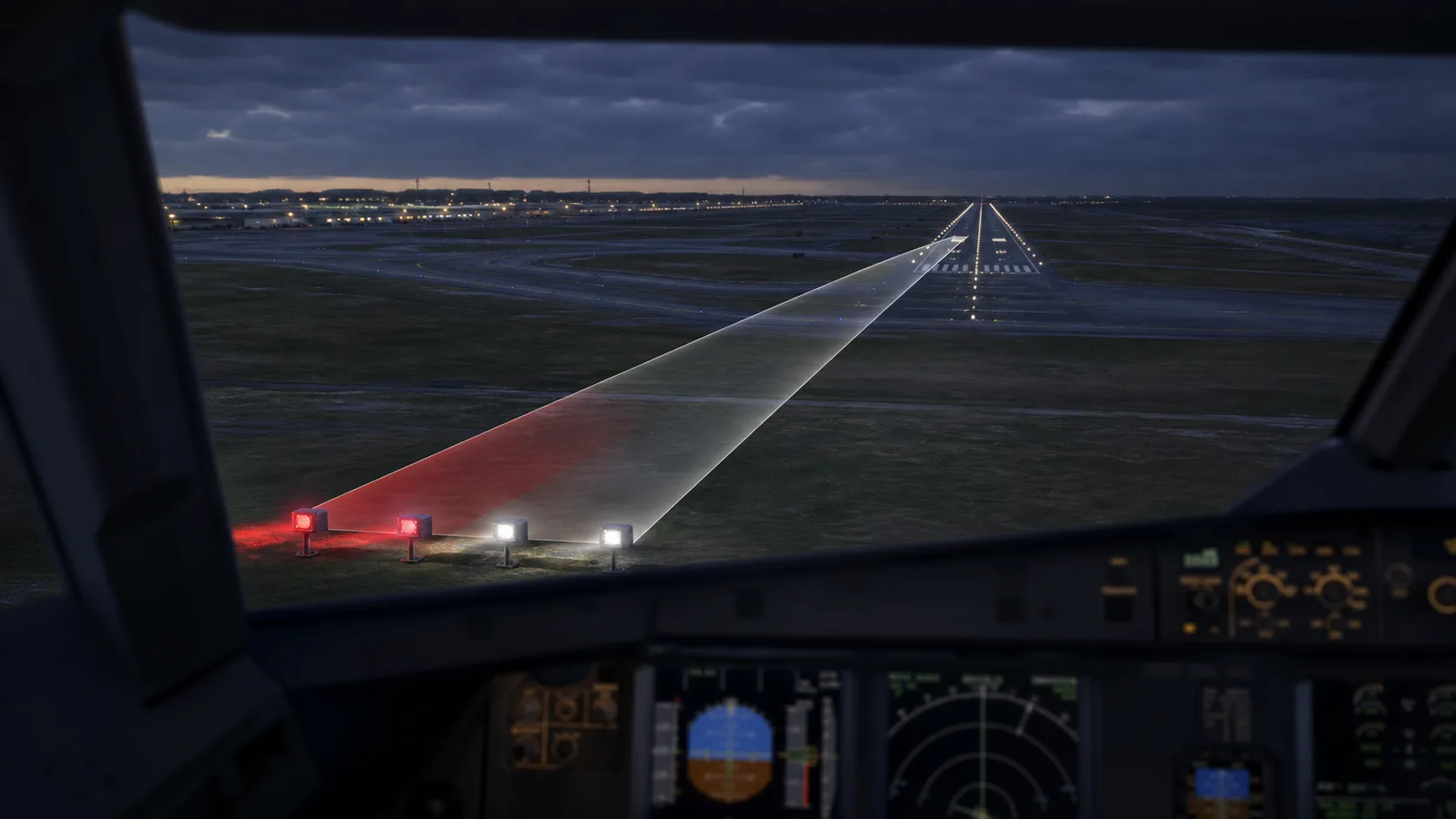Approaching aircraft view of runway and four PAPI units communicating a red and white glide-path indication