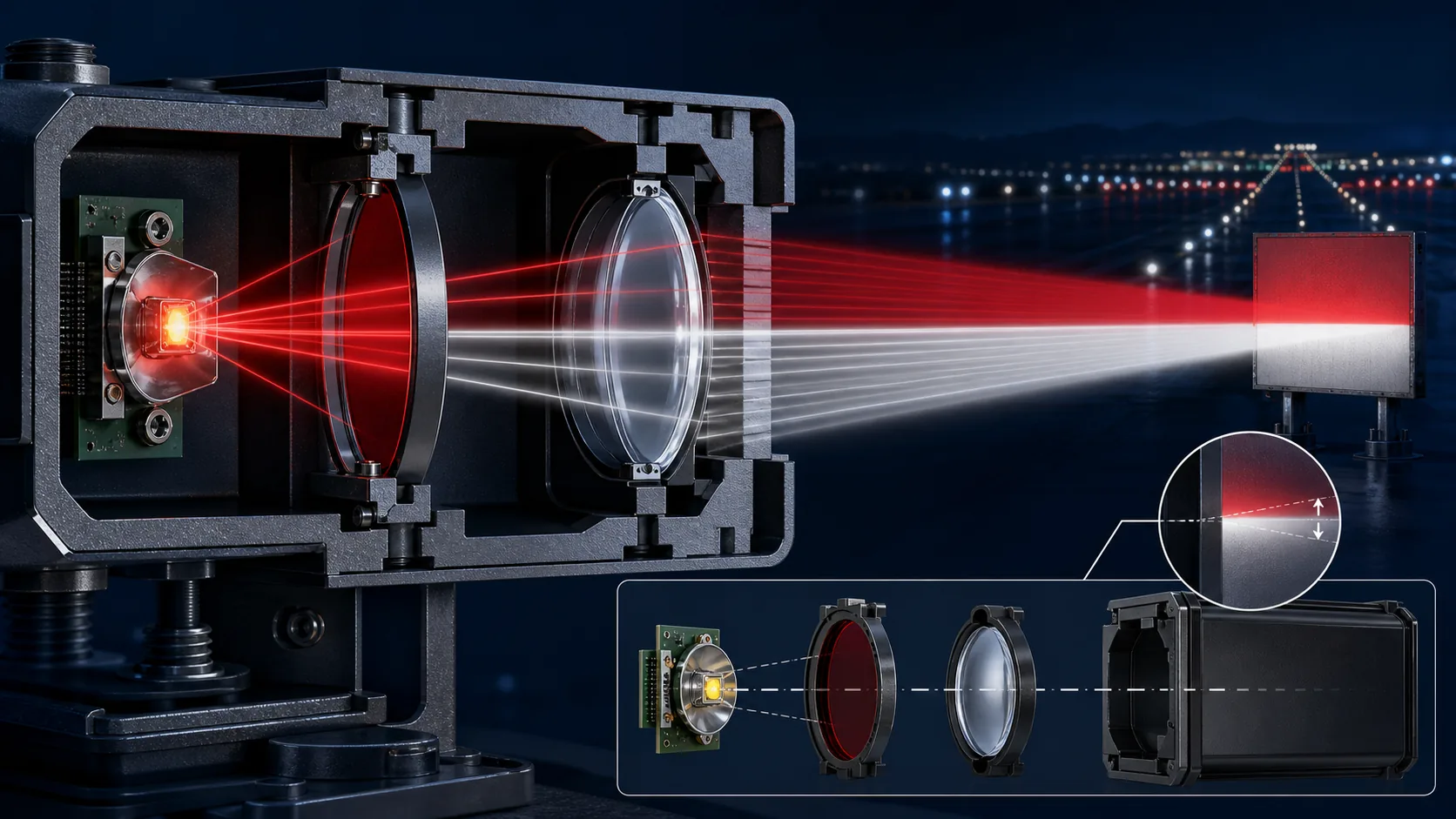 Cutaway PAPI channel with source, red filter, precision lens, housing datums and controlled red-white output boundary