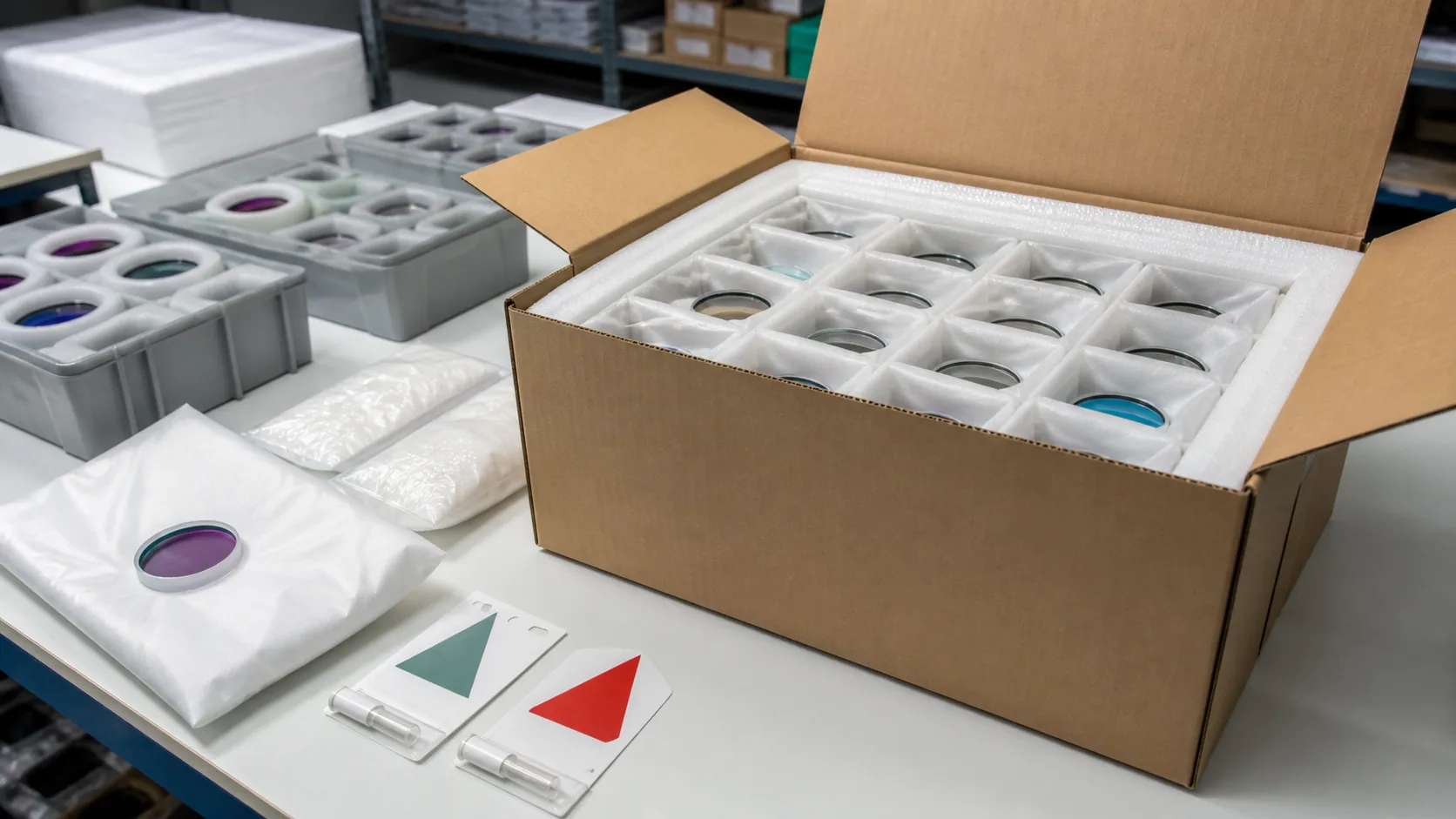Individually protected precision optics in clean cavities, trays, inner cartons and robust outer shipping packaging