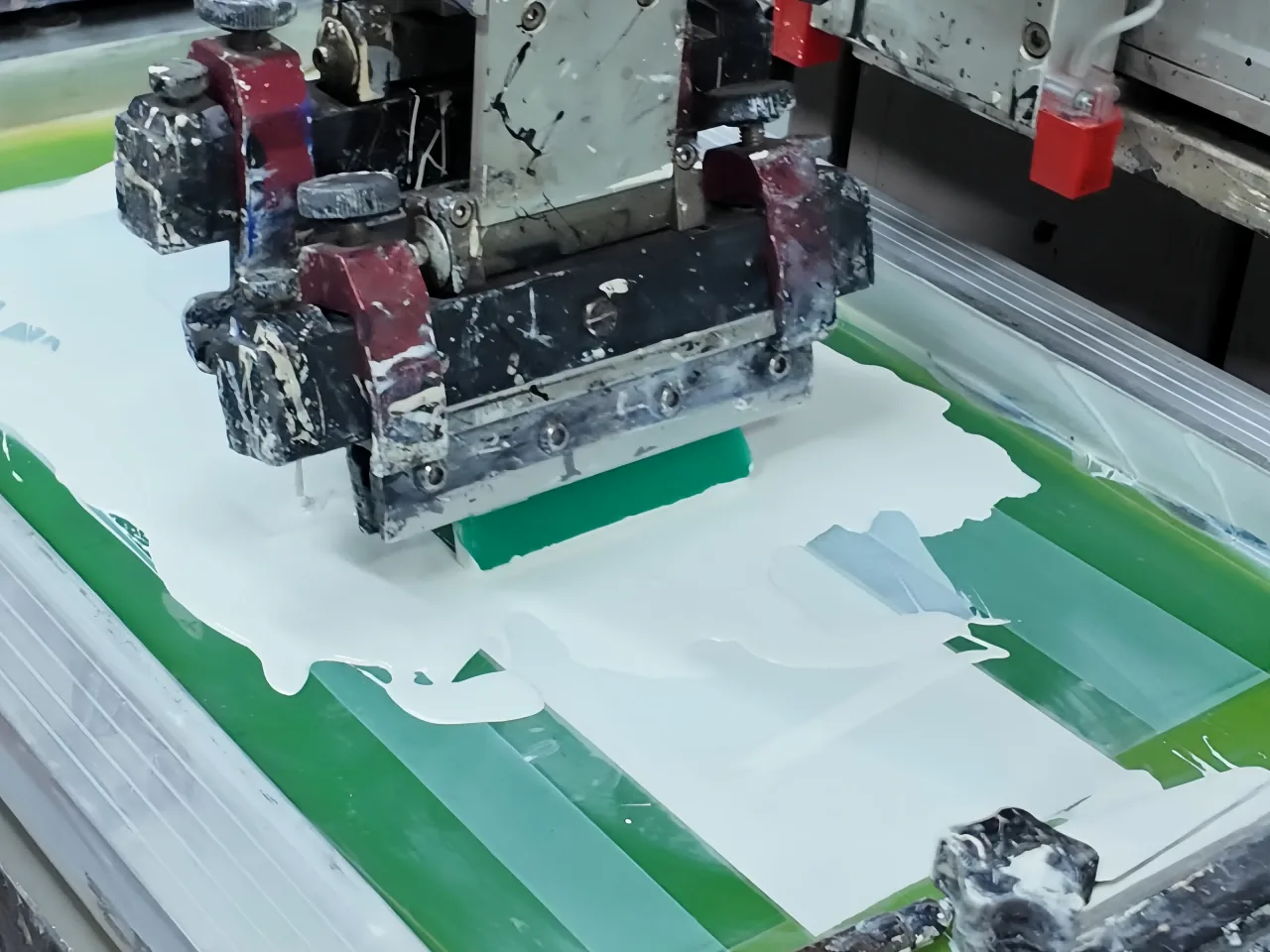 Controlled automatic squeegee pass using white ink on a production screen.