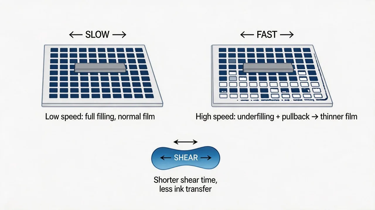 Film thickness responds to print speed, rheology, flood quality and screen release together.