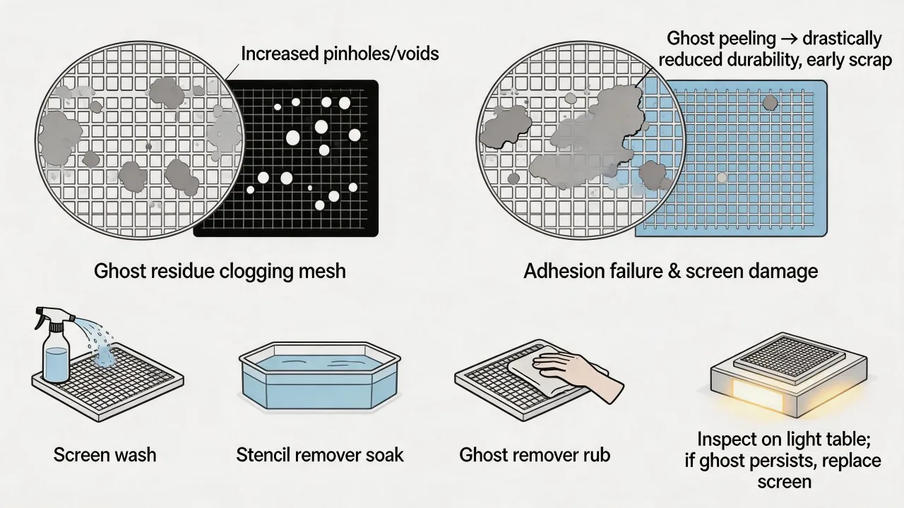 Ghost images can indicate incomplete screen cleaning or residual stencil contamination.