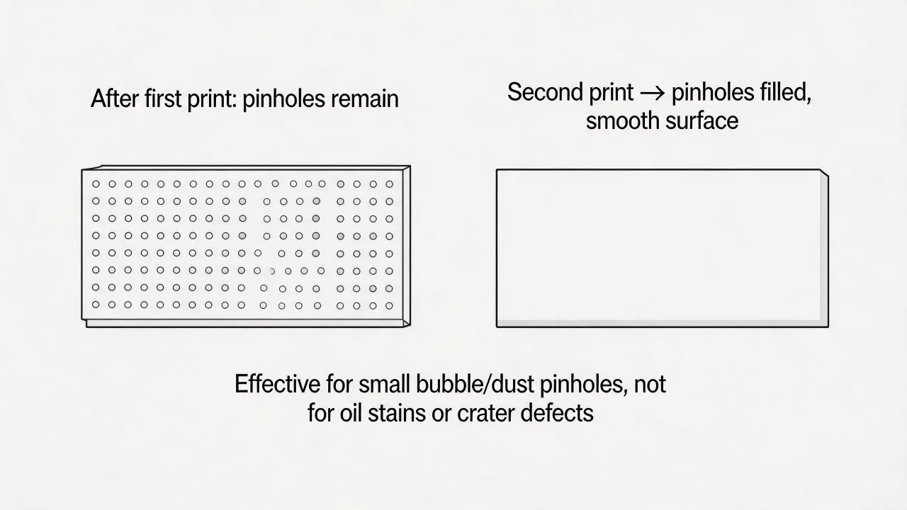 A second print pass may improve coverage but can add registration, drying and film-build risk.
