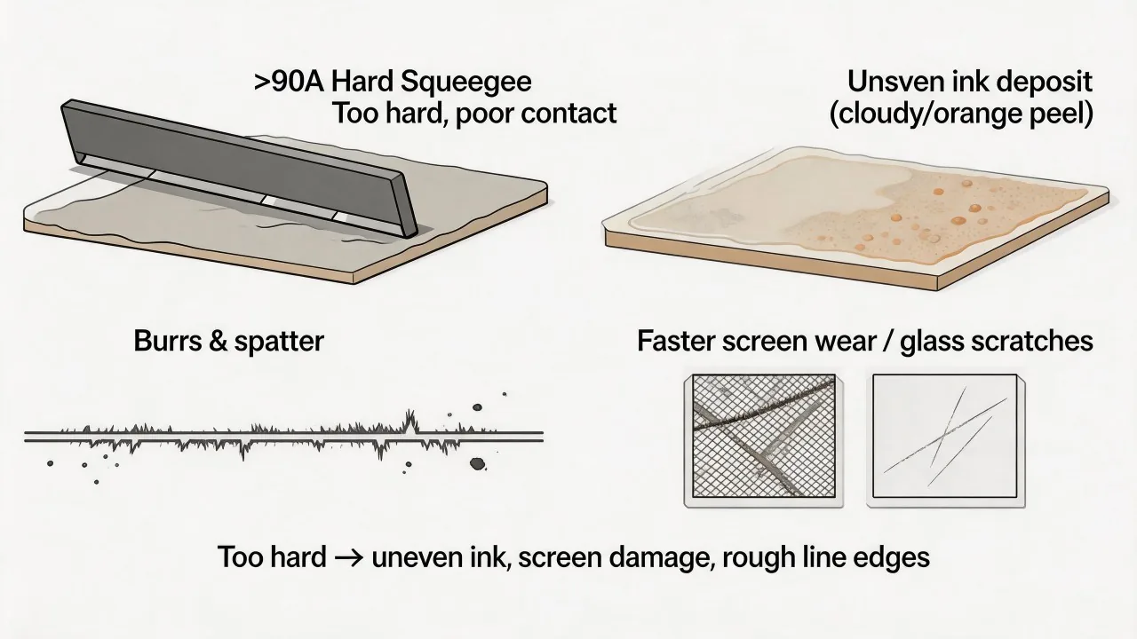 Squeegee hardness changes blade deformation, ink transfer and edge response.