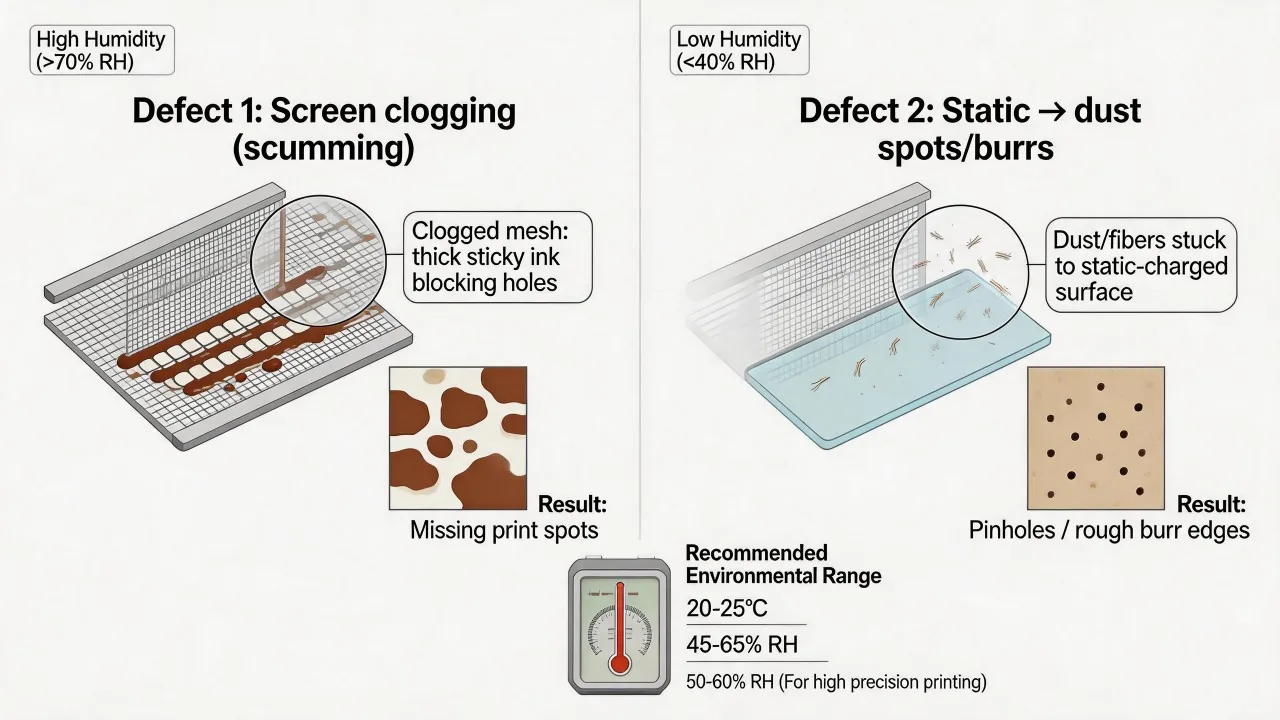 Temperature and humidity influence ink behavior, static, stencil condition and contamination risk.