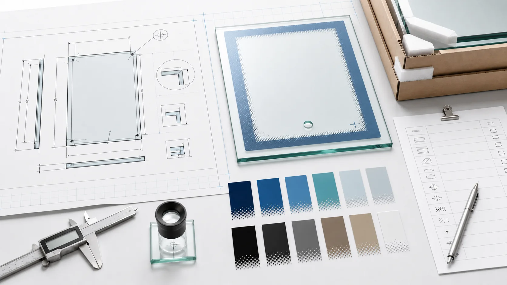 Quotation inputs assembled together: controlled drawing, printed glass sample, color references, inspection plan and packaging.