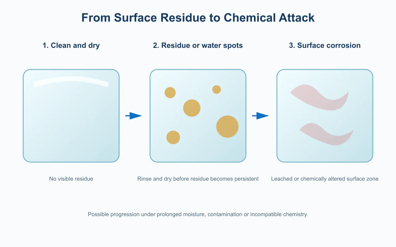 Three-stage diagram showing clean glass, surface residue and possible chemical corrosion