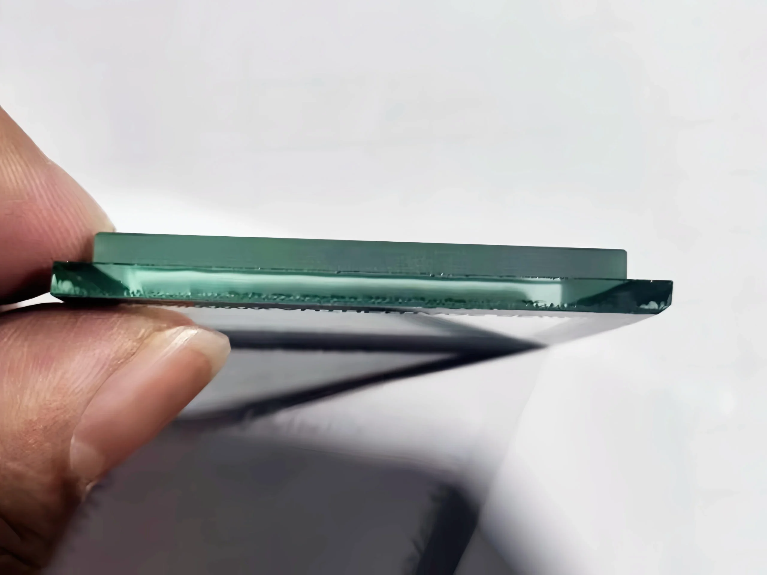 Close-up comparison of rough cut and processed glass edge appearance