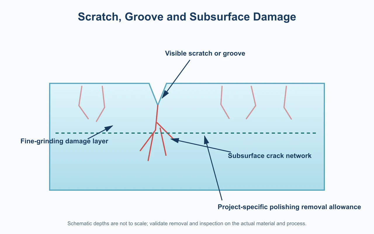 Cross-section identifying a visible glass groove and subsurface crack network