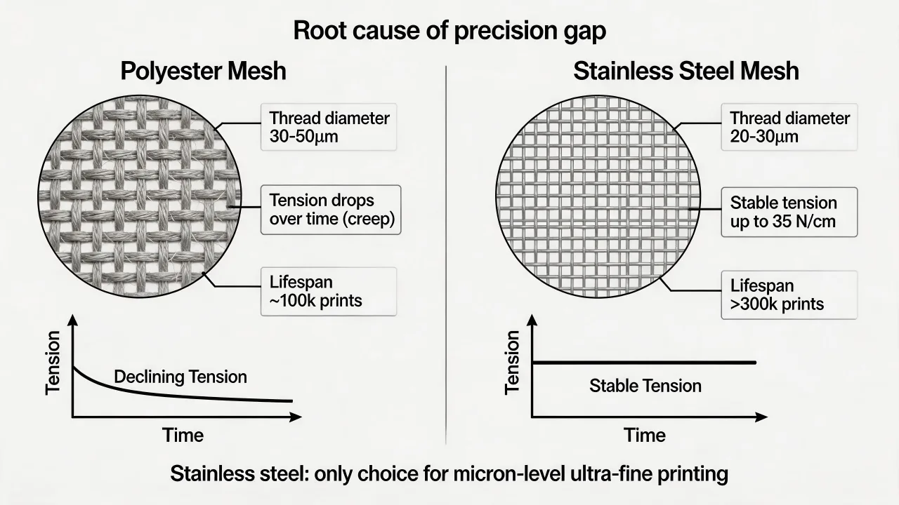 Compare polyester and stainless-steel mesh by thread, open area, stability, handling and ink compatibility.