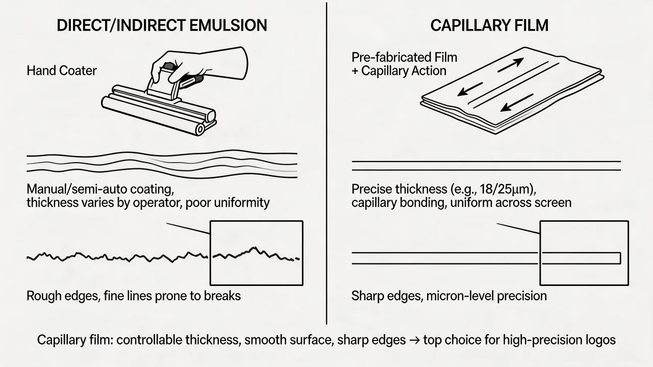 Direct emulsion and capillary film provide different stencil-profile and process-control options.