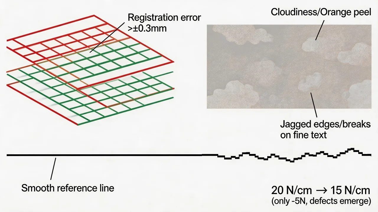 Trend screen-tension mapping against registration, release and print quality—not a fixed run-life claim.