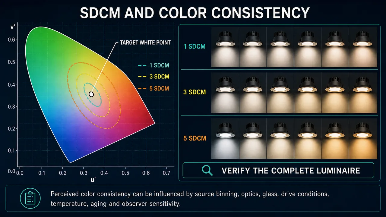 SDCM and visible colour consistency in a multi-luminaire installation