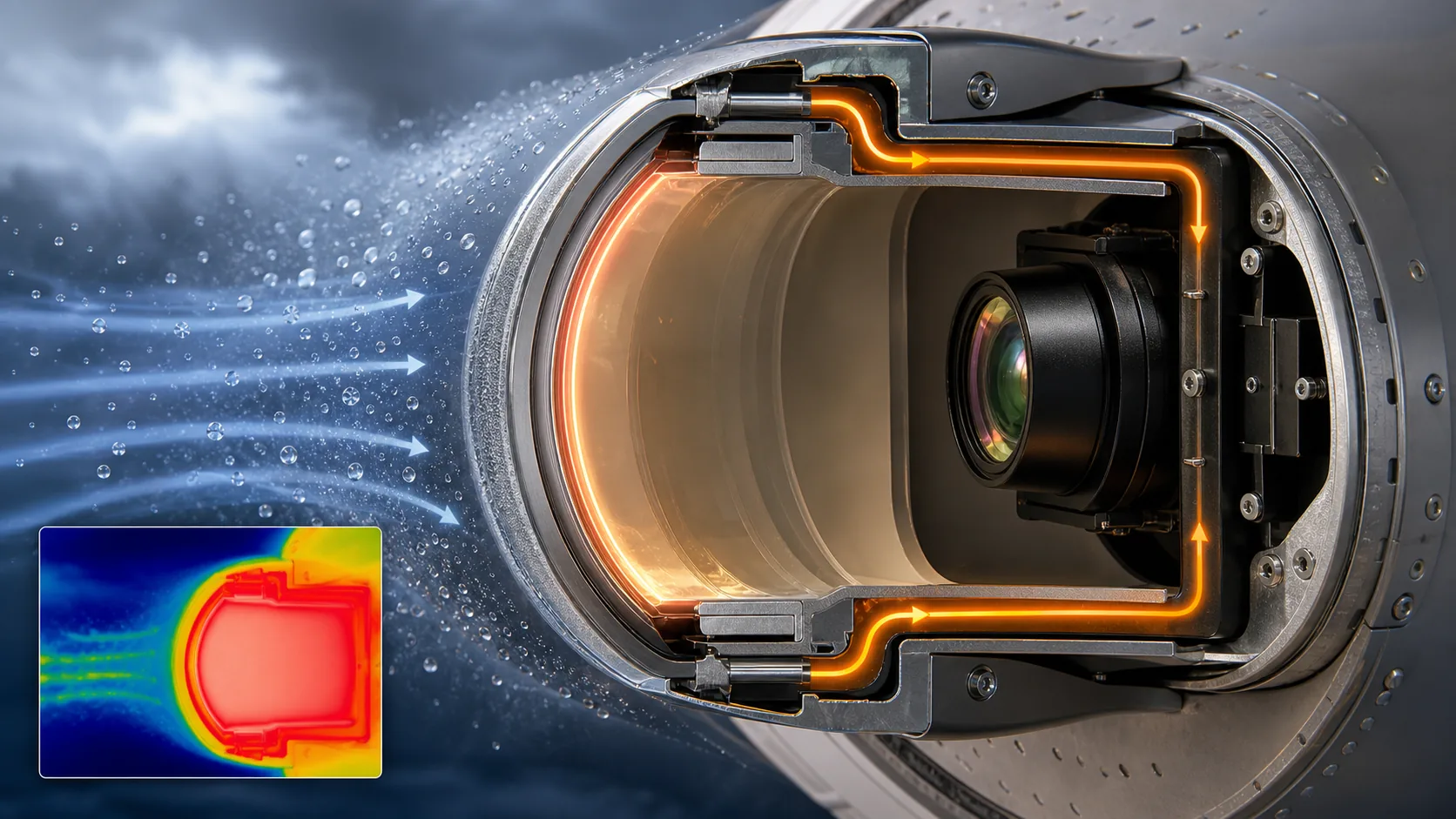 Sealed aerospace camera window with dry cavity, perimeter seal and heater path keeping external moisture away from the detector