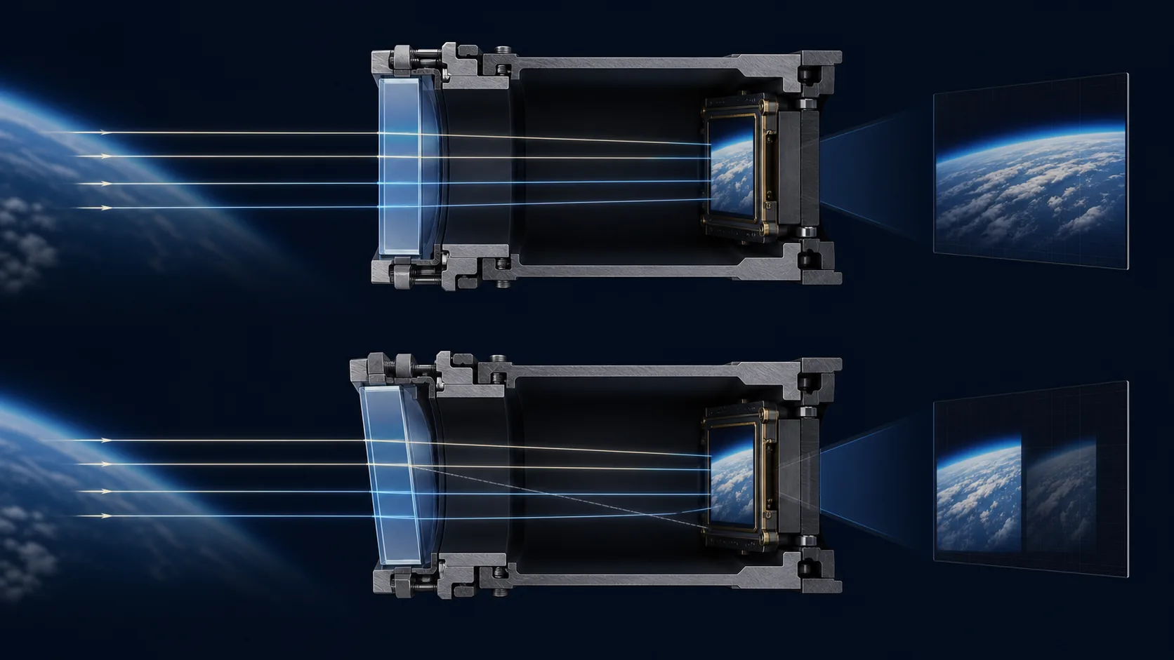 Sensor-window comparison showing parallel surfaces with a clean detector image and wedge producing a displaced ghost reflection