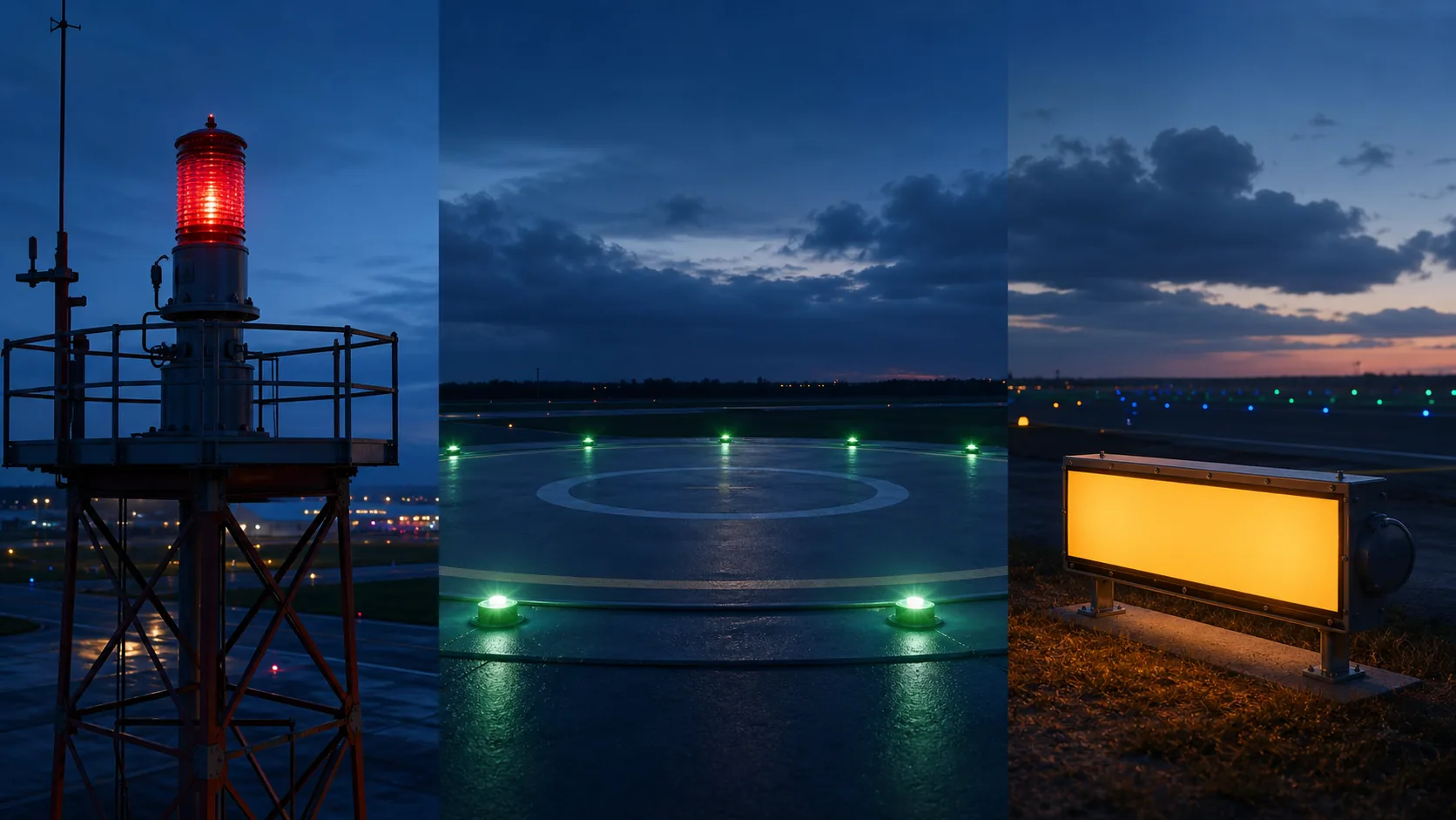 Comparison of red obstruction lighting, green heliport perimeter lighting and an amber illuminated airfield sign