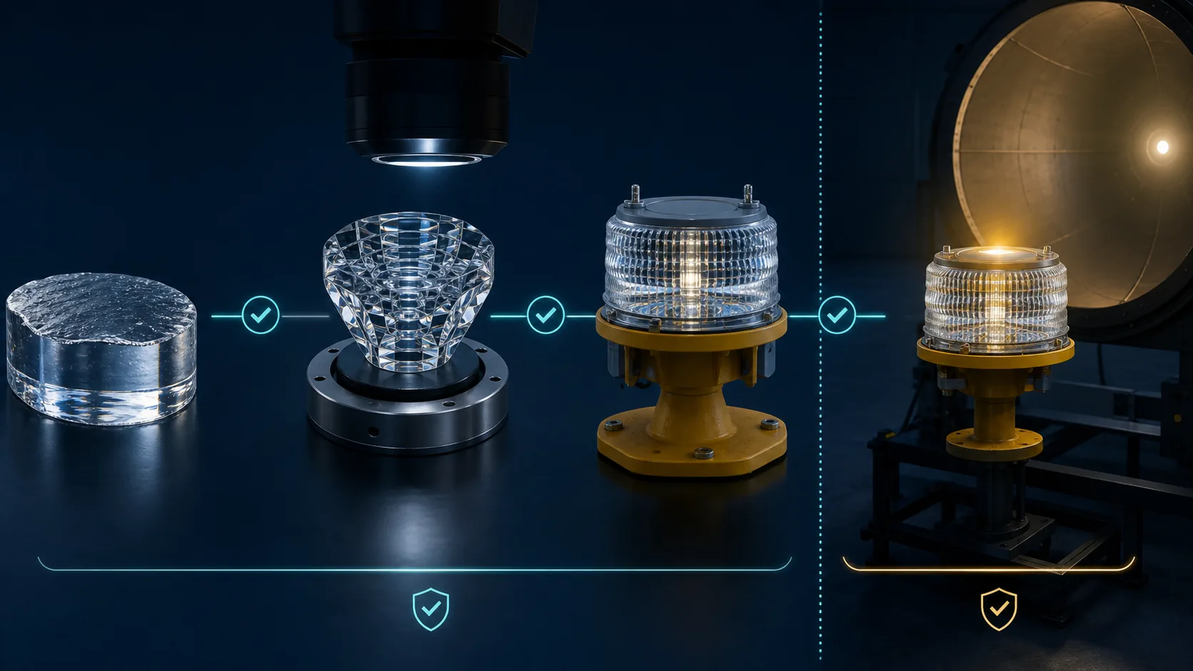 Illustrated evidence chain from glass material and component inspection to complete airfield light photometric testing