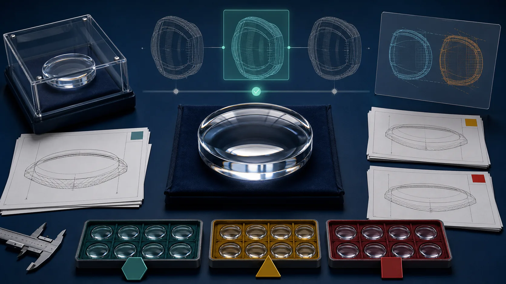 Controlled aerospace optic connected to revision silhouettes, engineering drawings, inspection tools, lot trays and a master sample