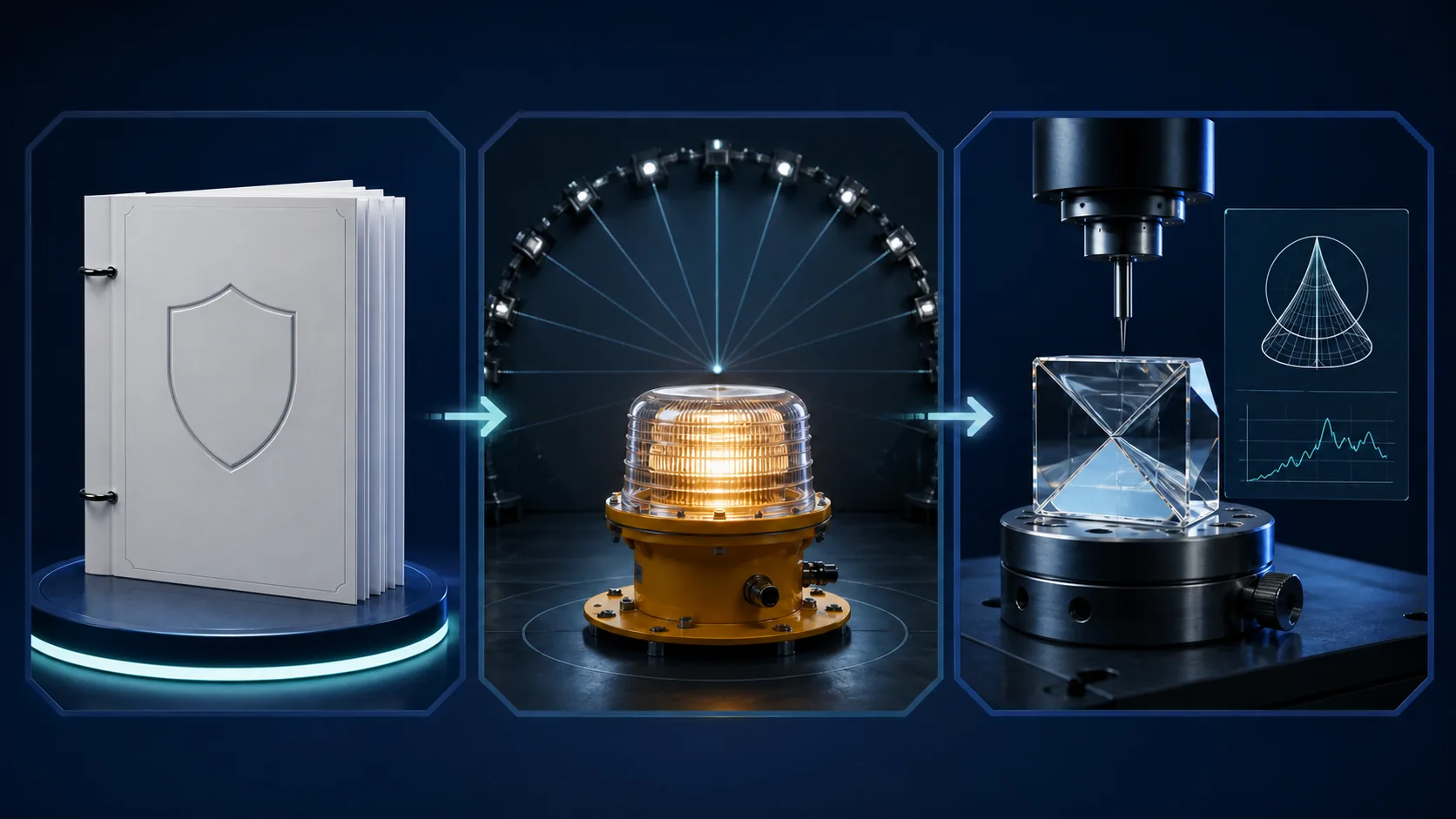 Three-stage illustration connecting a controlled requirement, complete airfield light qualification and glass component inspection evidence