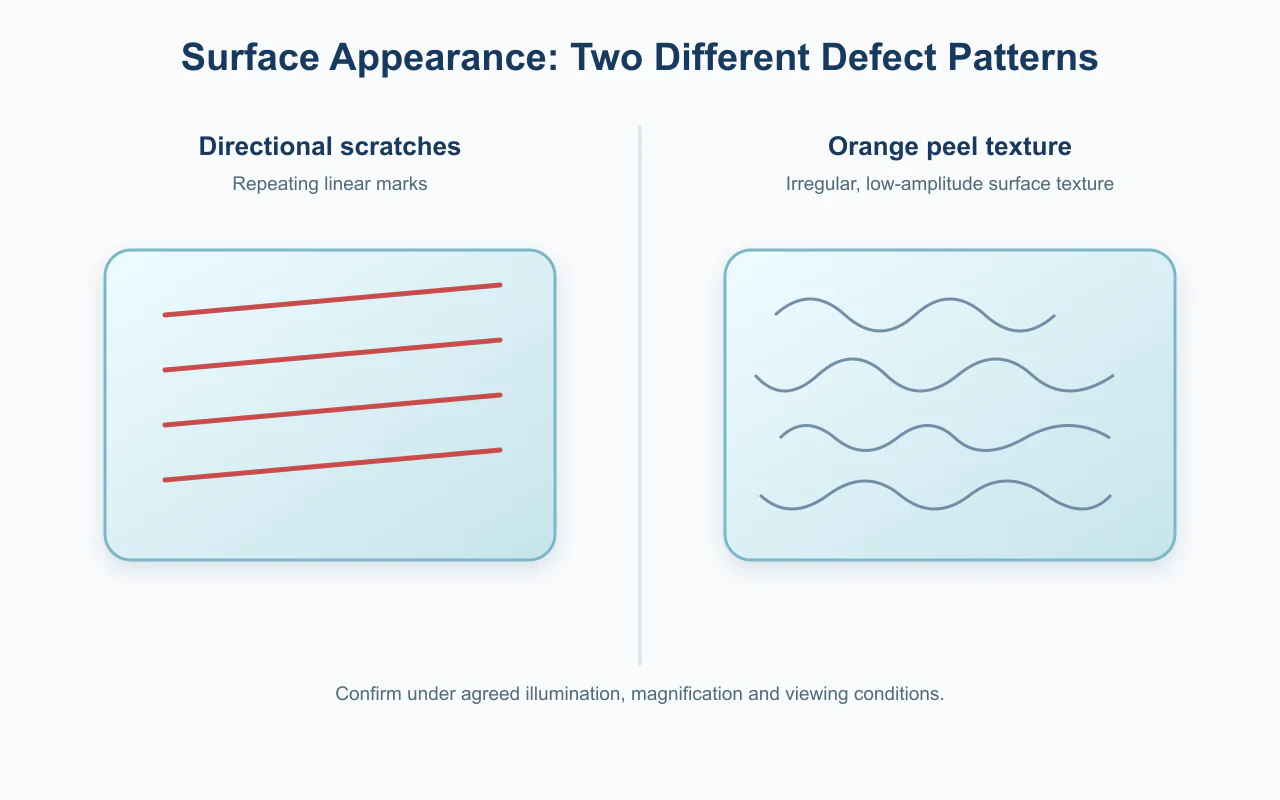 Comparison of directional scratches and irregular orange peel texture on glass