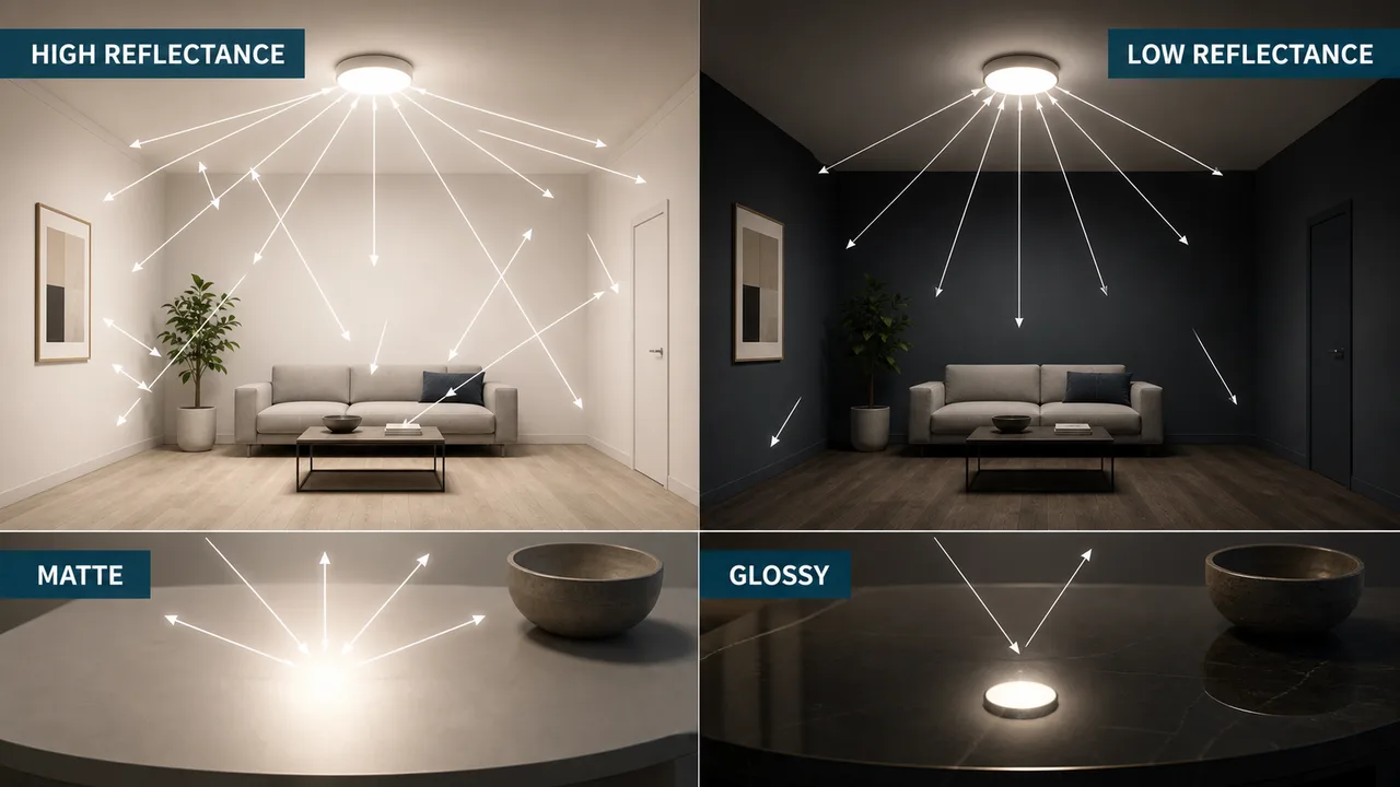 Influence of surface reflectance and spectral reflectance on indoor lighting