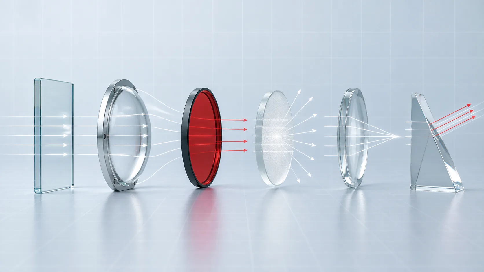Illustrated comparison of a protective window, cover, red filter, diffuser, lens and prism with their different effects on light