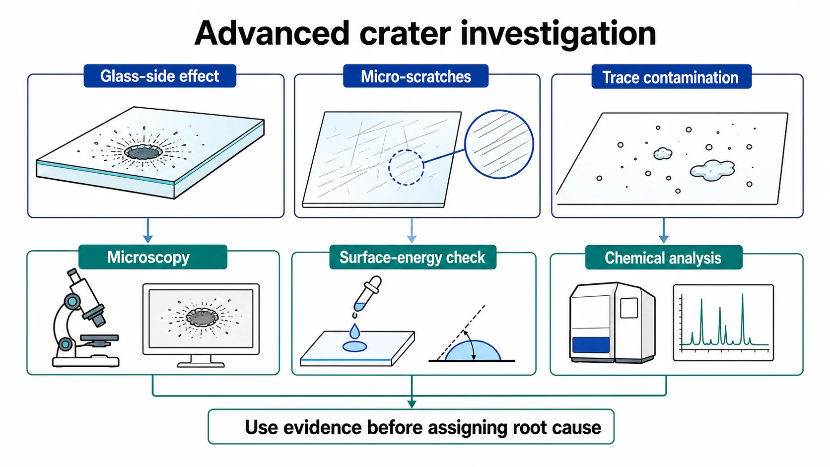 Advanced investigation may compare glass-side effects, micro-scratches and trace contamination.