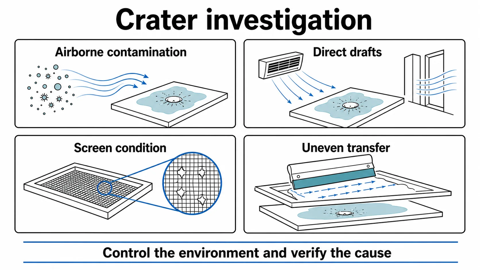 Airborne contamination, drafts and screen condition can create crater-like transfer defects.