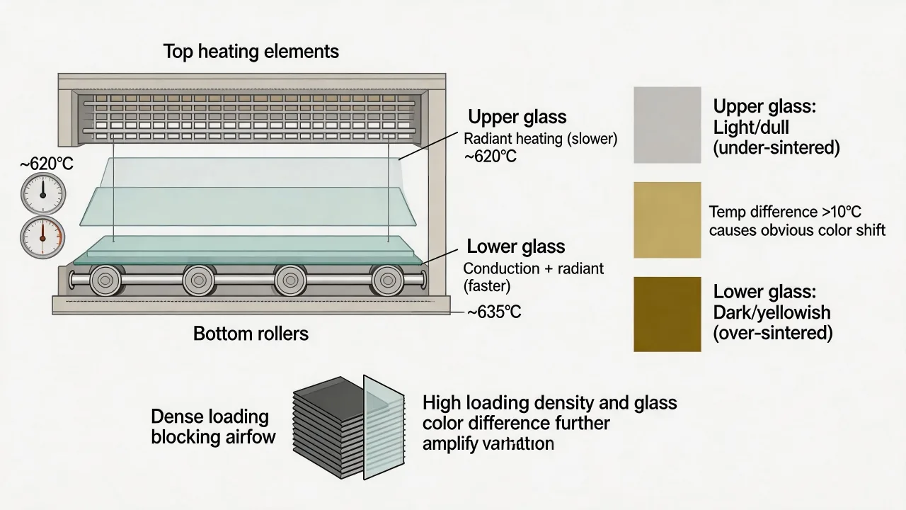 Check furnace profile, loading and airflow when color varies by rack or glass position.
