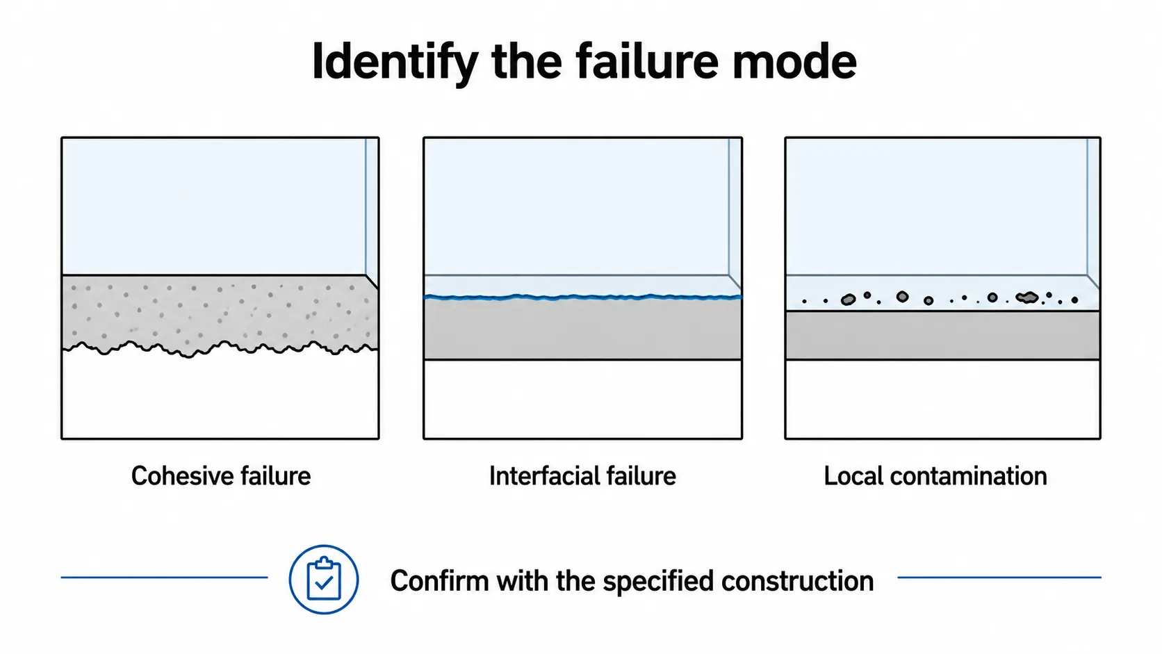 Compare cohesive, interfacial and local-contamination failure modes; confirm with the specified construction.