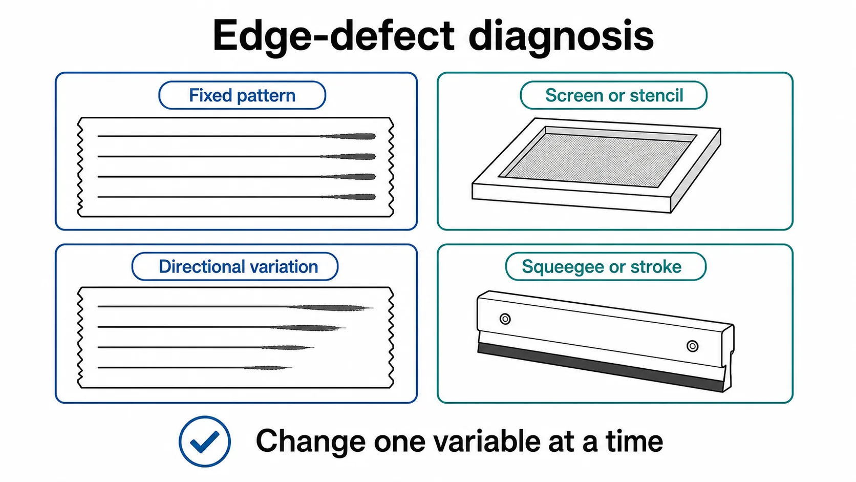 Compare fixed and directional edge-defect patterns, then change screen, stencil, squeegee or stroke variables one at a time.