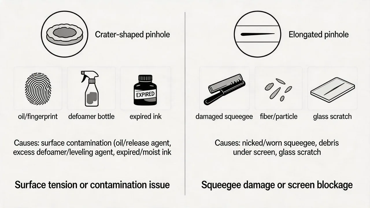Crater-shaped and elongated pinholes: compare contamination clues with directional mechanical signatures.